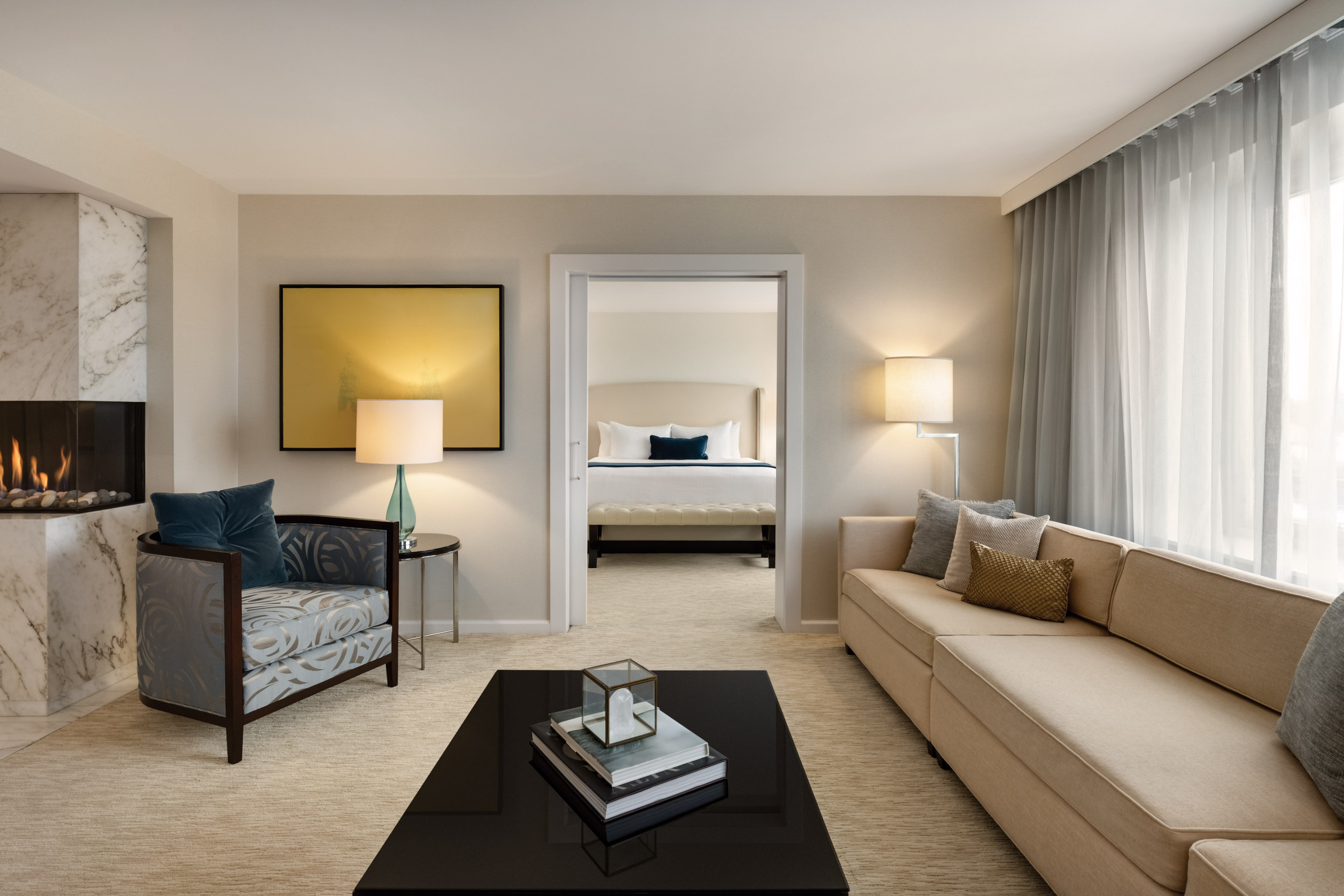 a room with a couch and a coffee table