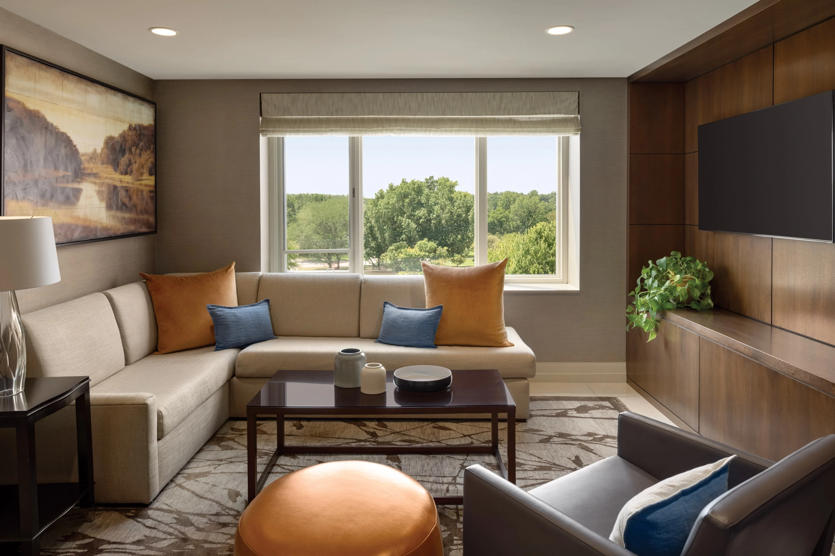 a living room with a couch and a coffee table