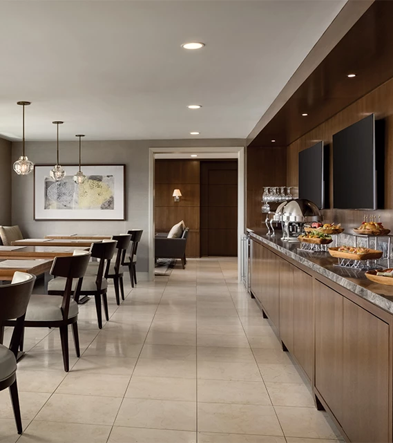 a buffet in a hotel room