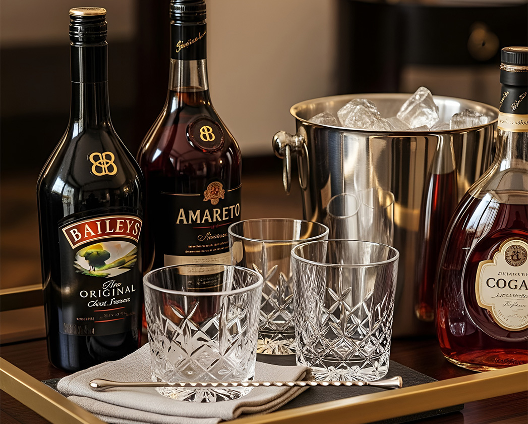 a group of bottles and glasses on a tray