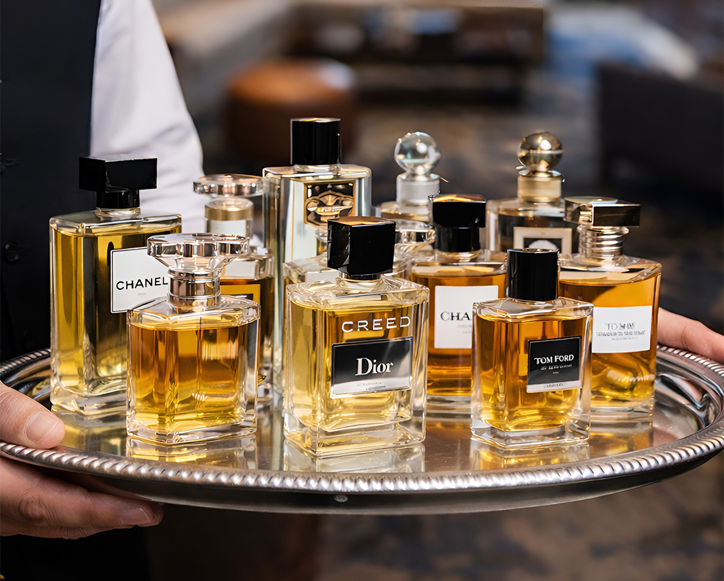 a tray of perfumes on a table