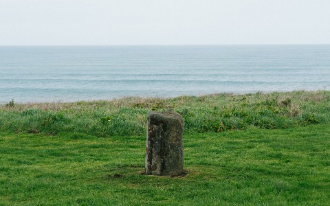 a stone in the grass by the ocean
