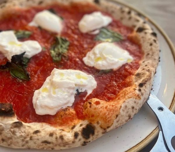 a pizza with cheese and basil on a plate