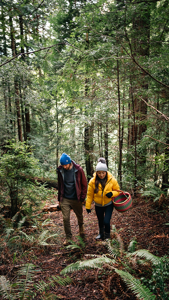 a man and woman walking in the woods