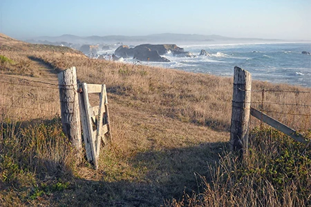 a fenced in field with ocean and rocks in the background