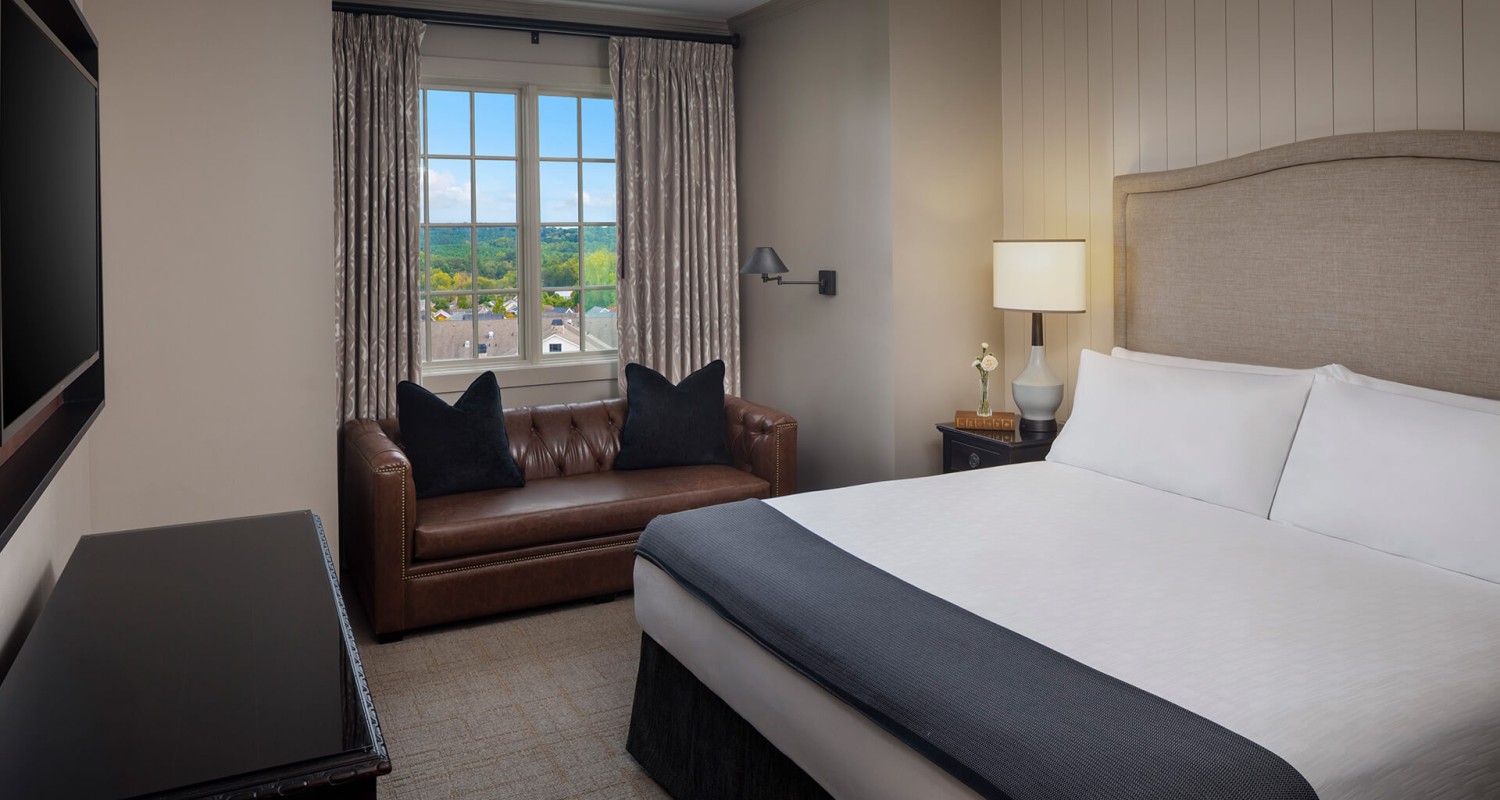 a bedroom with a bed and a couch