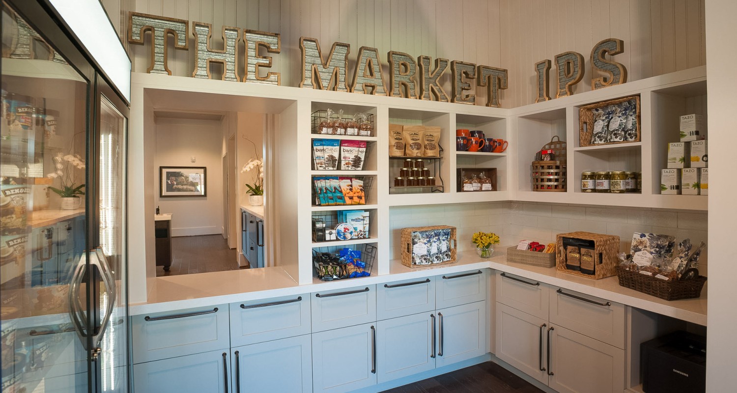 a white shelves with food items on it