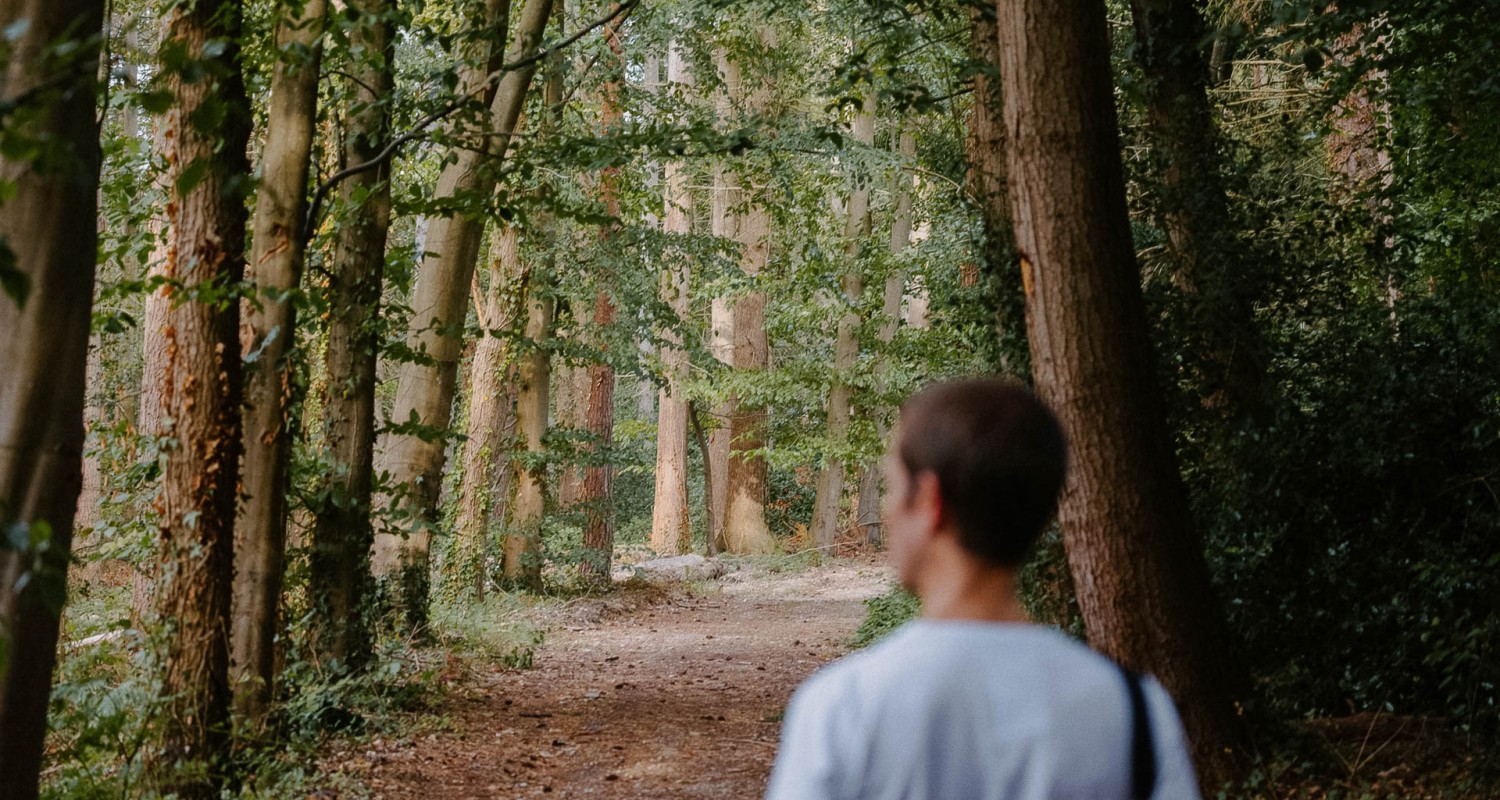a man walking through a forest
