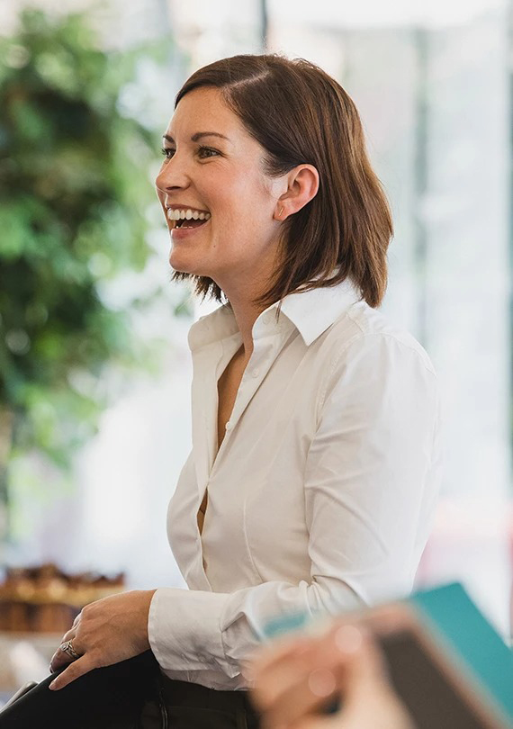 a woman in a white shirt