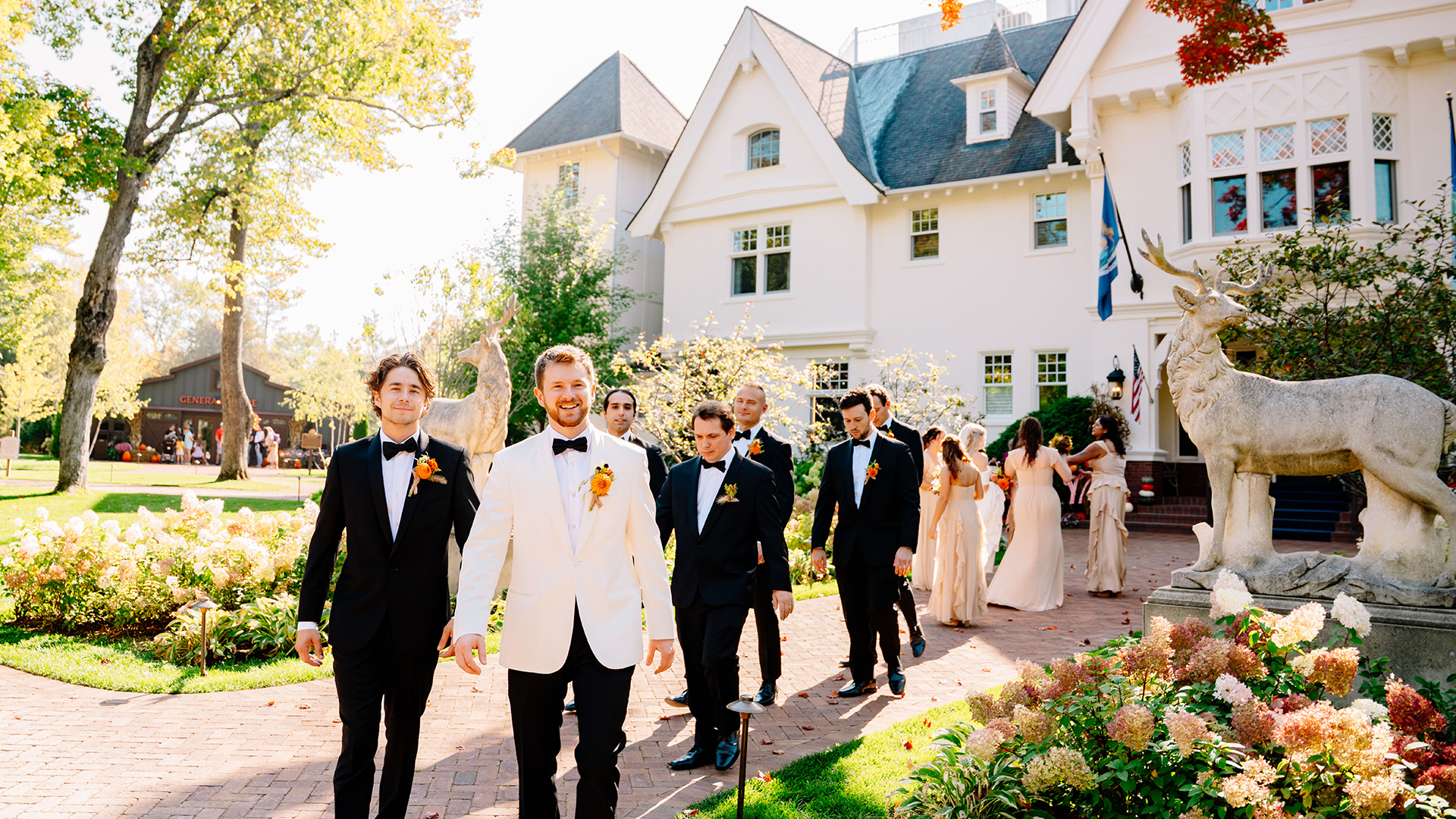 a group of men walking down a path