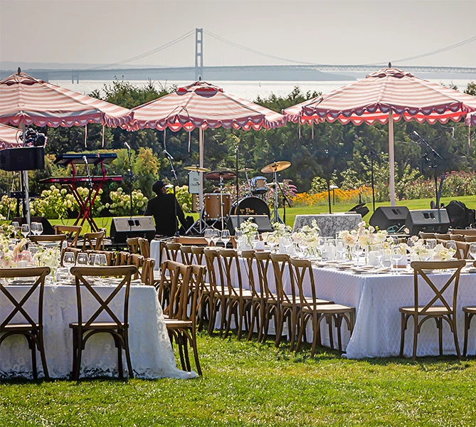 a group of tables set up for a party