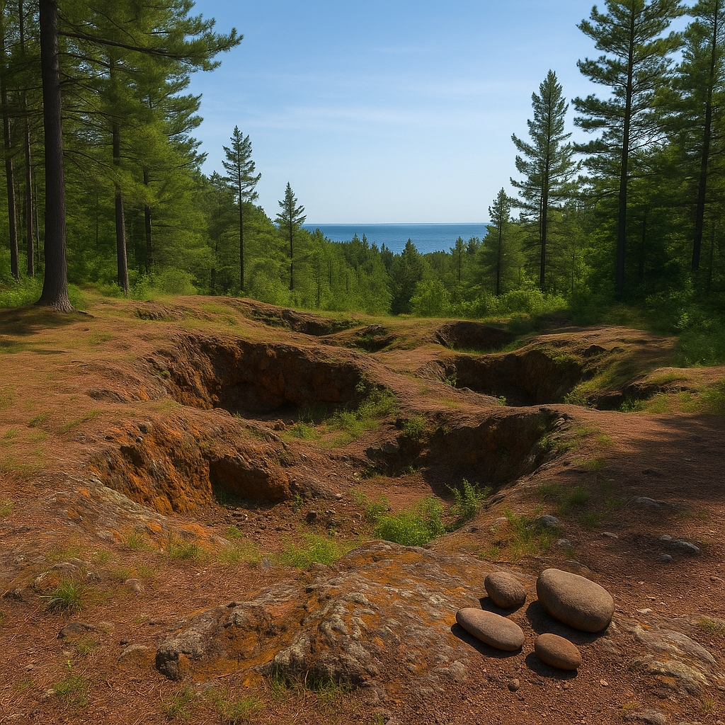 Ancient copper mining pits in Keweenaw Peninsula Michigan, prehistoric copper extraction site, summer forest landscape, Lake Superior in background, archeological mystery