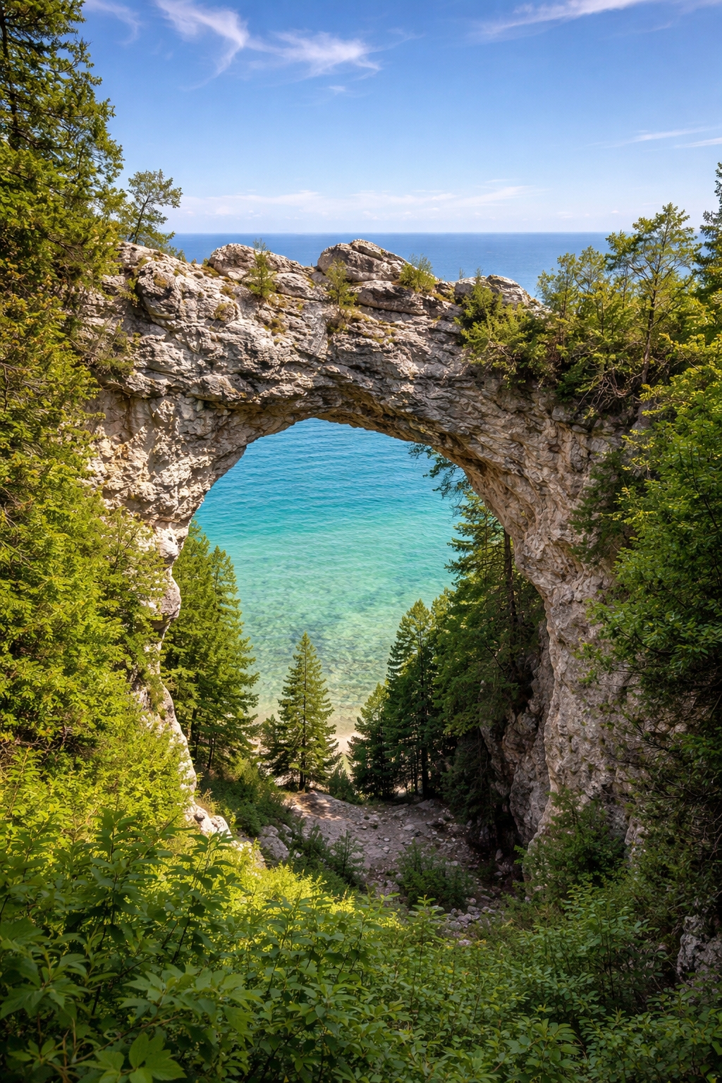 Arch Rock on Mackinac Island viewed from above, showing the natural limestone arch rising over Lake Huron within Mackinac Island State Park