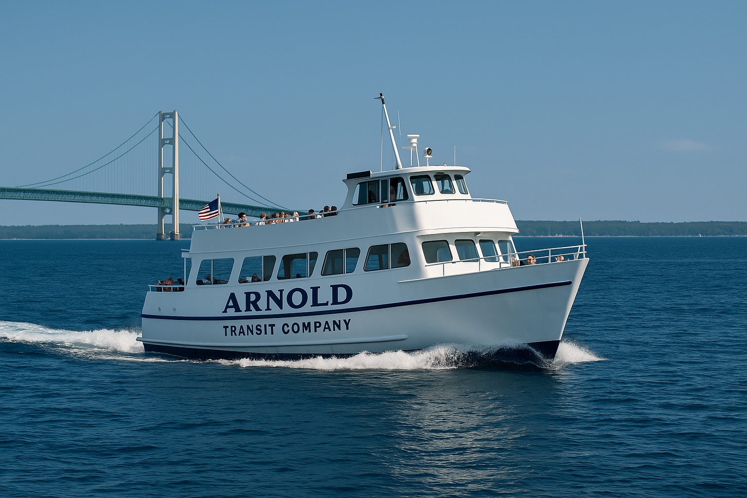 Arnold Transit Company ferry crossing the Straits of Mackinac with the Mackinac Bridge in the background, serving Mackinac Island with historic ferry service