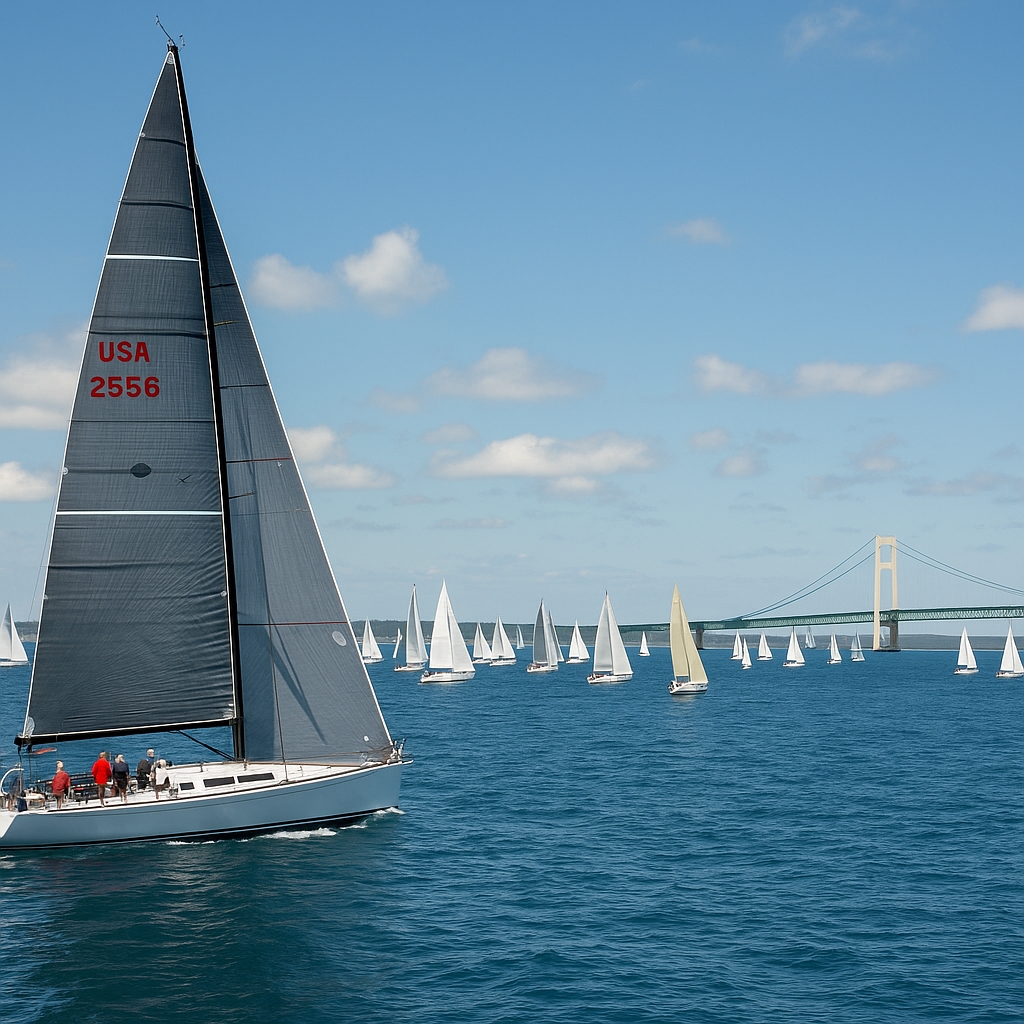 Bayview Mackinac Race sailboats finishing near Mackinac Island with luxury inn in background