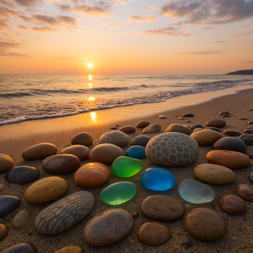 Michigan beach with Petoskey stones, sea glass, fossils on sand at sunrise — beachcombing treasures of Lake Michigan and Mackinac Island