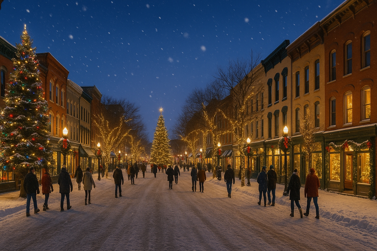 Downtown Petoskey at Christmas with festive holiday lights, decorated storefronts, and snow-covered streets — one of the best Christmas towns in Northern Michigan.