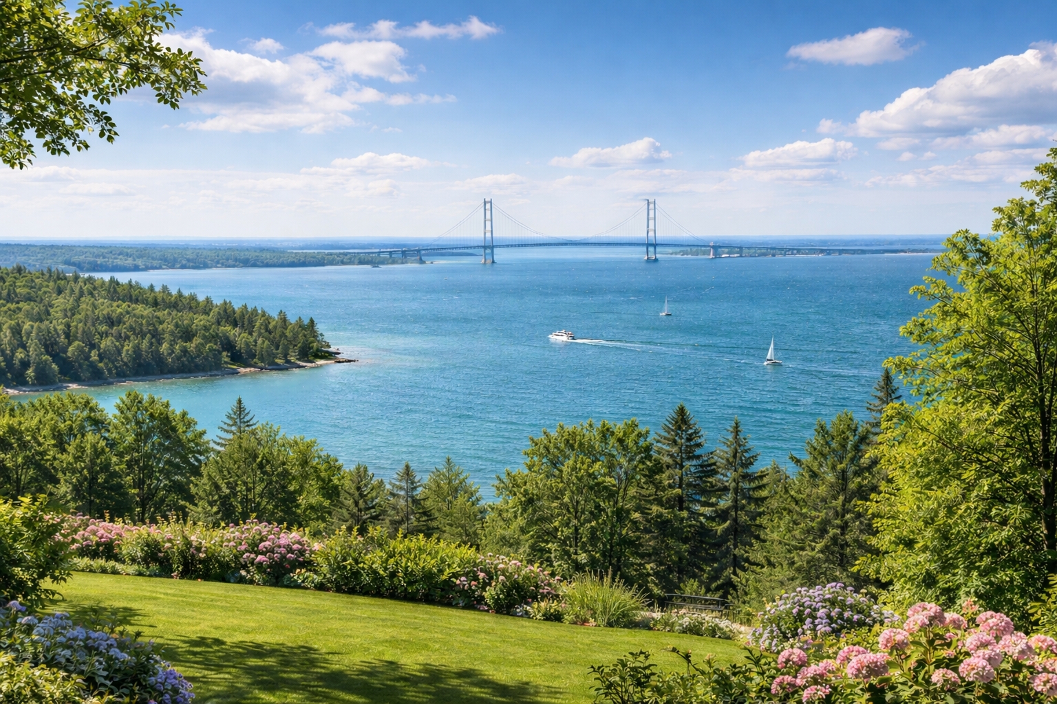 Panoramic summer view of Lake Huron and the Mackinac Bridge from the bluff at The Inn at Stonecliffe on Mackinac Island