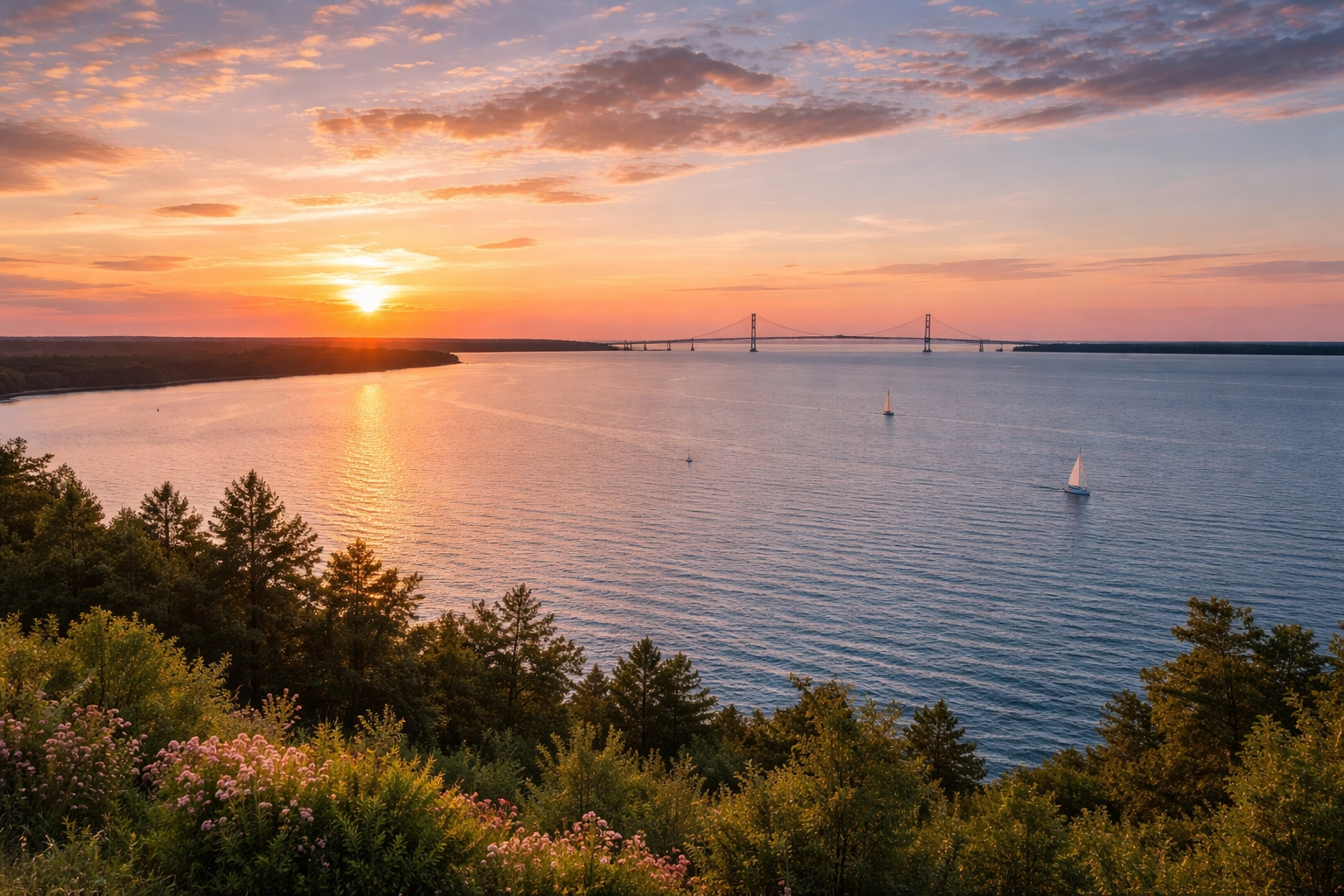 Panoramic view of the Straits of Mackinac and Mackinac Bridge from the bluff grounds of The Inn at Stonecliffe on Mackinac Island, one of the best lakeside vacation destinations in Michigan