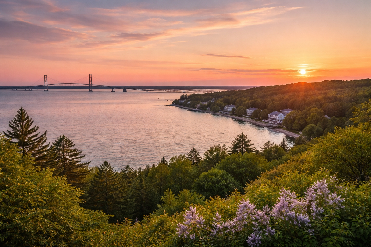 Scenic view from The Inn at Stonecliffe overlooking the Straits of Mackinac and Mackinac Bridge on Mackinac Island, one of the best Michigan destinations for first-time visitors.