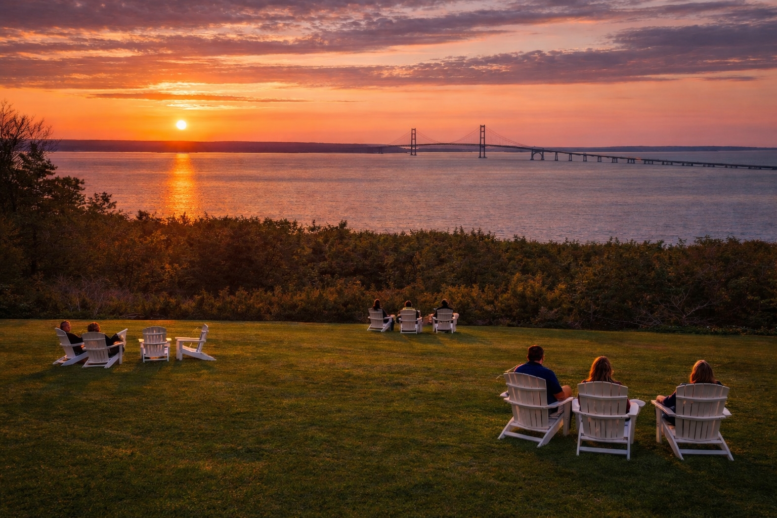 Panoramic view of the Straits of Mackinac and Mackinac Bridge from The Inn at Stonecliffe, a luxury boutique resort on Mackinac Island and one of the best Michigan lake destinations for relaxation.