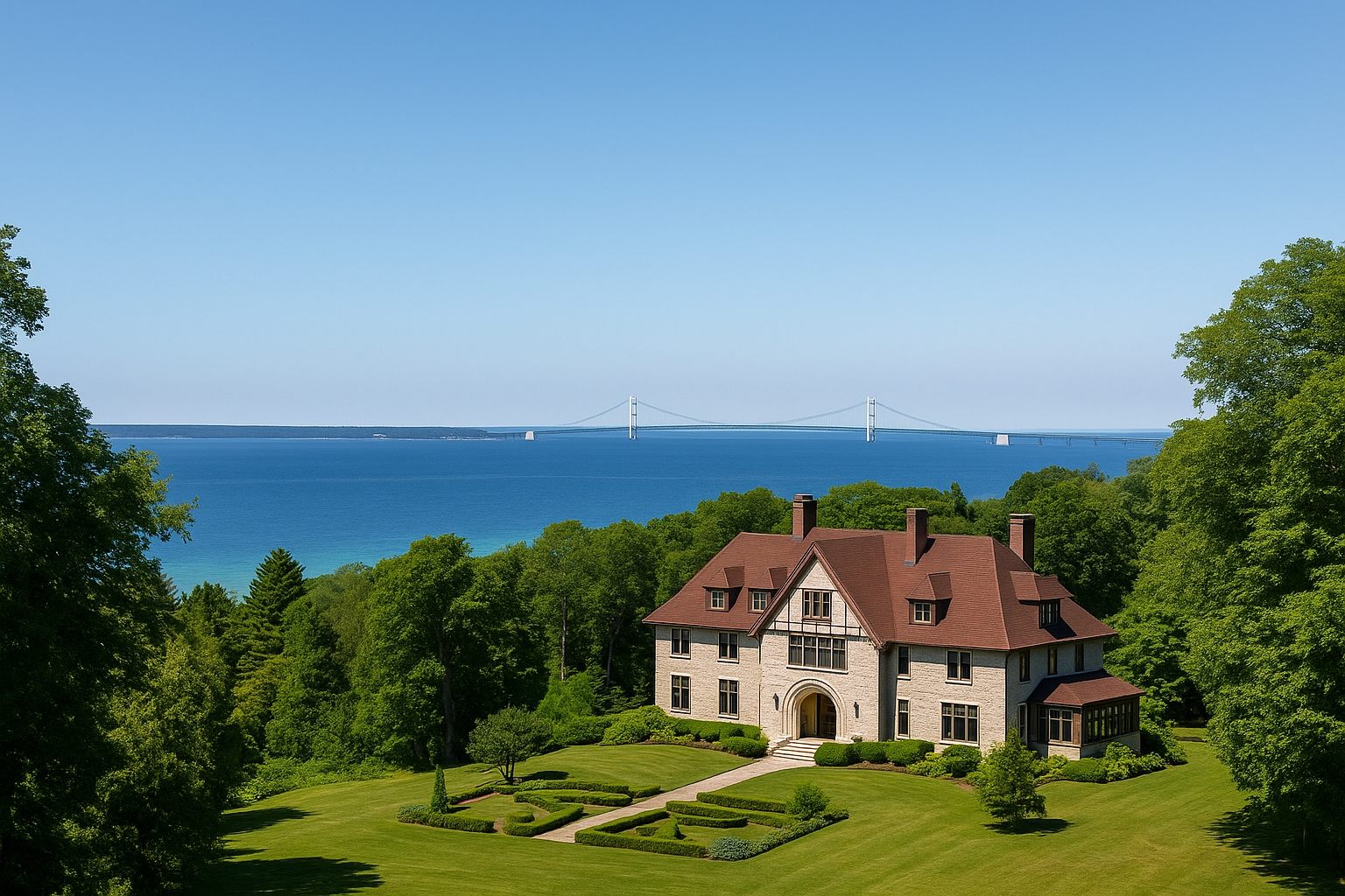 West Bluff view of The Inn at Stonecliffe on Mackinac Island with historic mansion, gardens, and Lake Michigan overlooking the Mackinac Bridge in summer