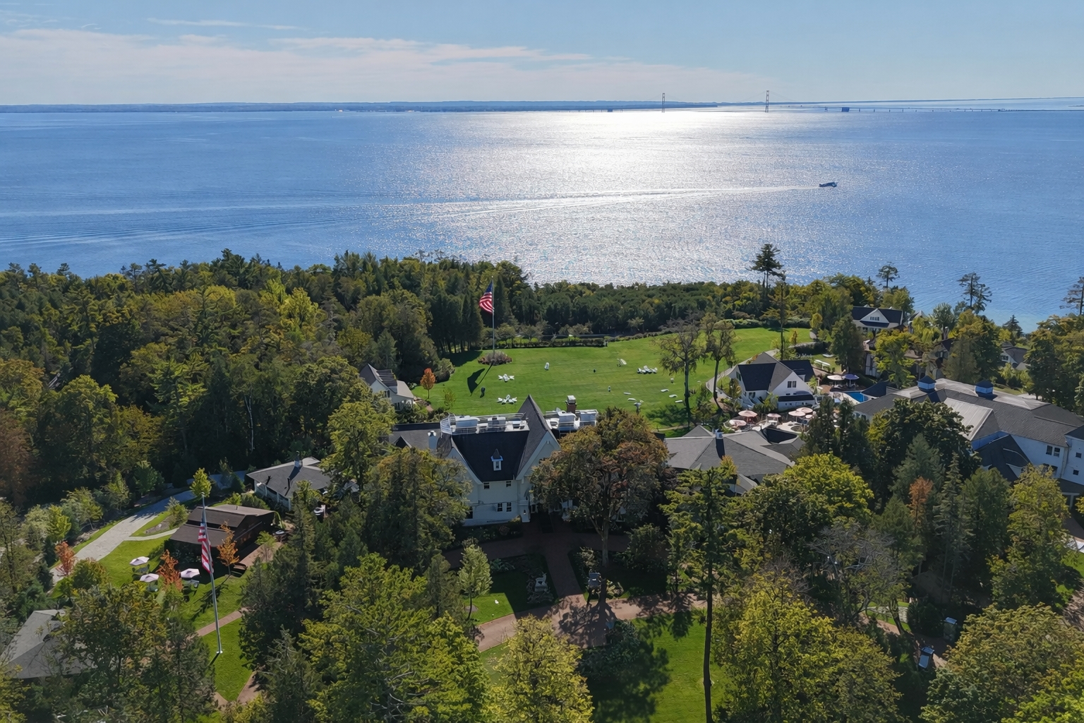 Best place to stay on Mackinac Island showing a quiet elevated bluff overlooking Lake Huron, representing peaceful resorts, scenic views, and secluded places to stay away from downtown crowds