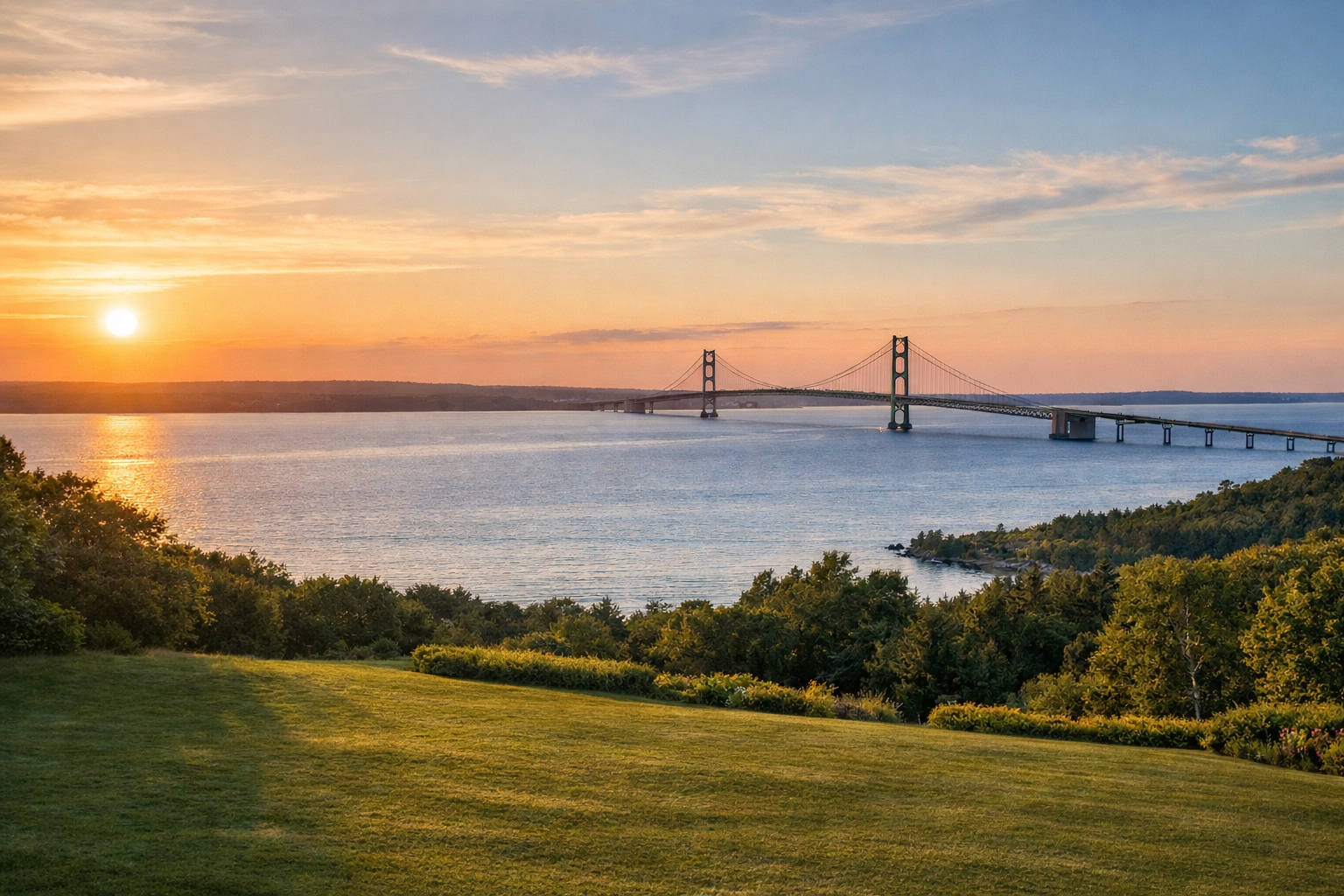 Golden summer sunset over the Straits of Mackinac and Mackinac Bridge viewed from the elevated bluff at The Inn at Stonecliffe, illustrating the best time to book a Northern Michigan summer vacation