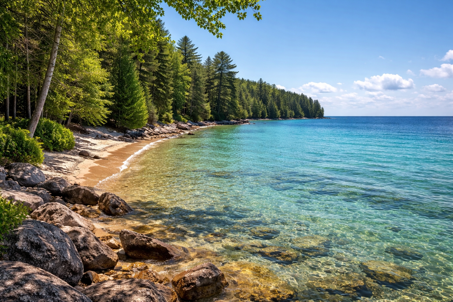 Best time to book a summer trip to Northern Michigan showing Lake Huron shoreline in early summer with clear blue water, green forests, and calm weather during peak travel season