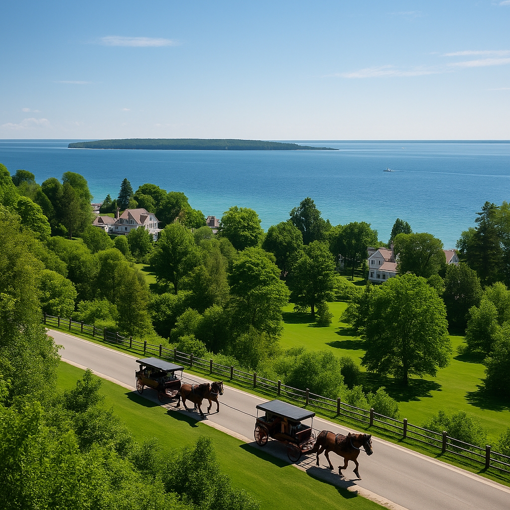 Best time to visit Mackinac Island showing summer scenery with Lake Huron views, horse-drawn carriages, green landscapes, and clear skies during peak travel season