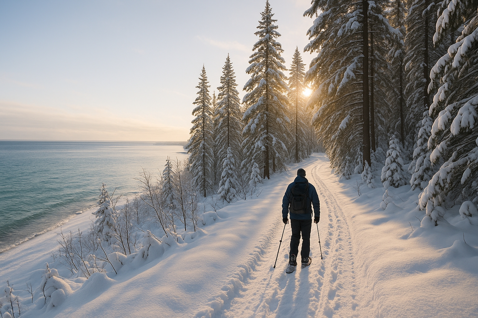 Snowshoer hiking through snow-covered pine forest trail at a Michigan state park in winter, showcasing scenic snowshoe trails, winter hiking, and cross-country skiing opportunities