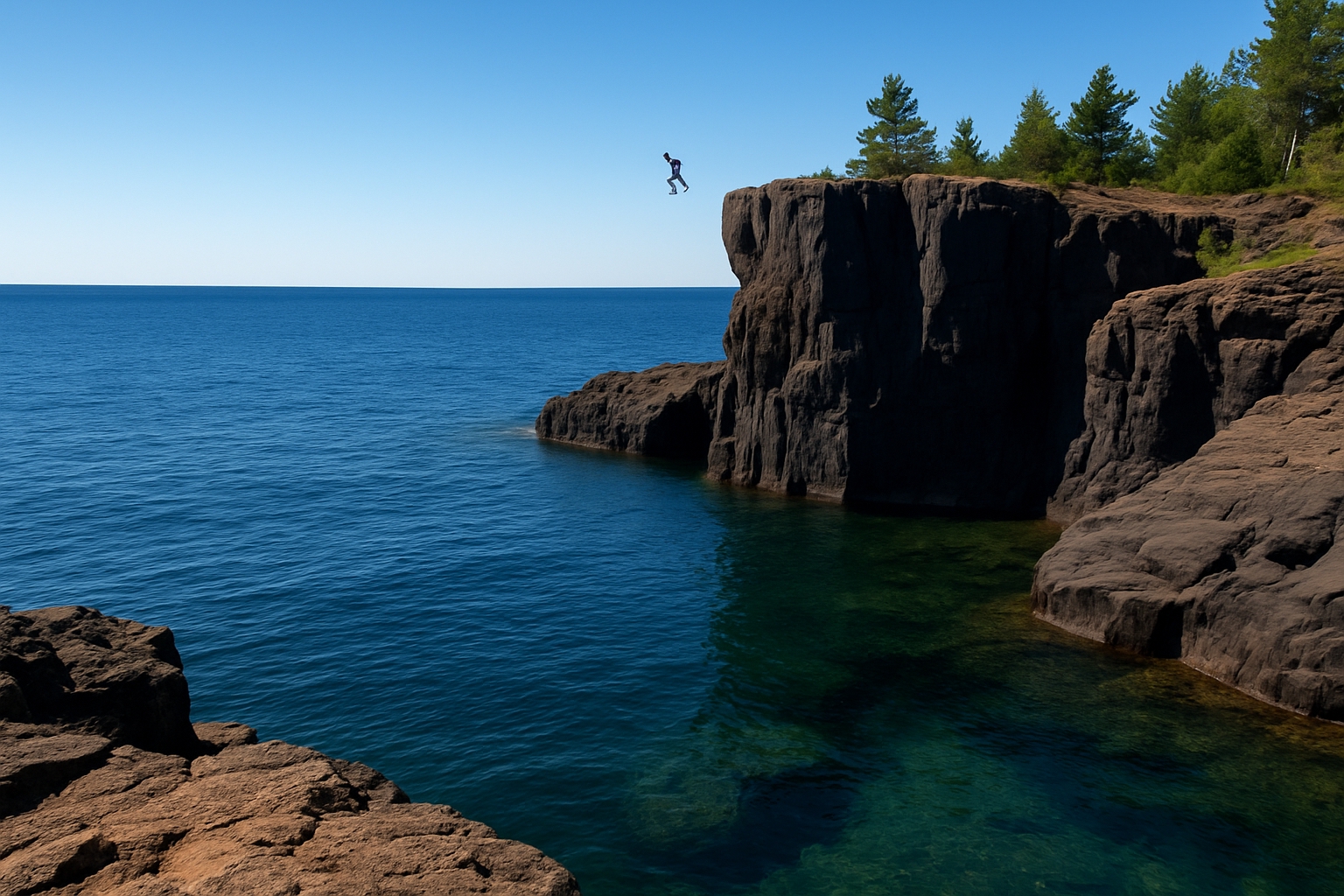 Cliff jumping at Black Rocks in Marquette Michigan with views of volcanic cliffs and crystal-clear 38°F Lake Superior water at Presque Isle Park in summer