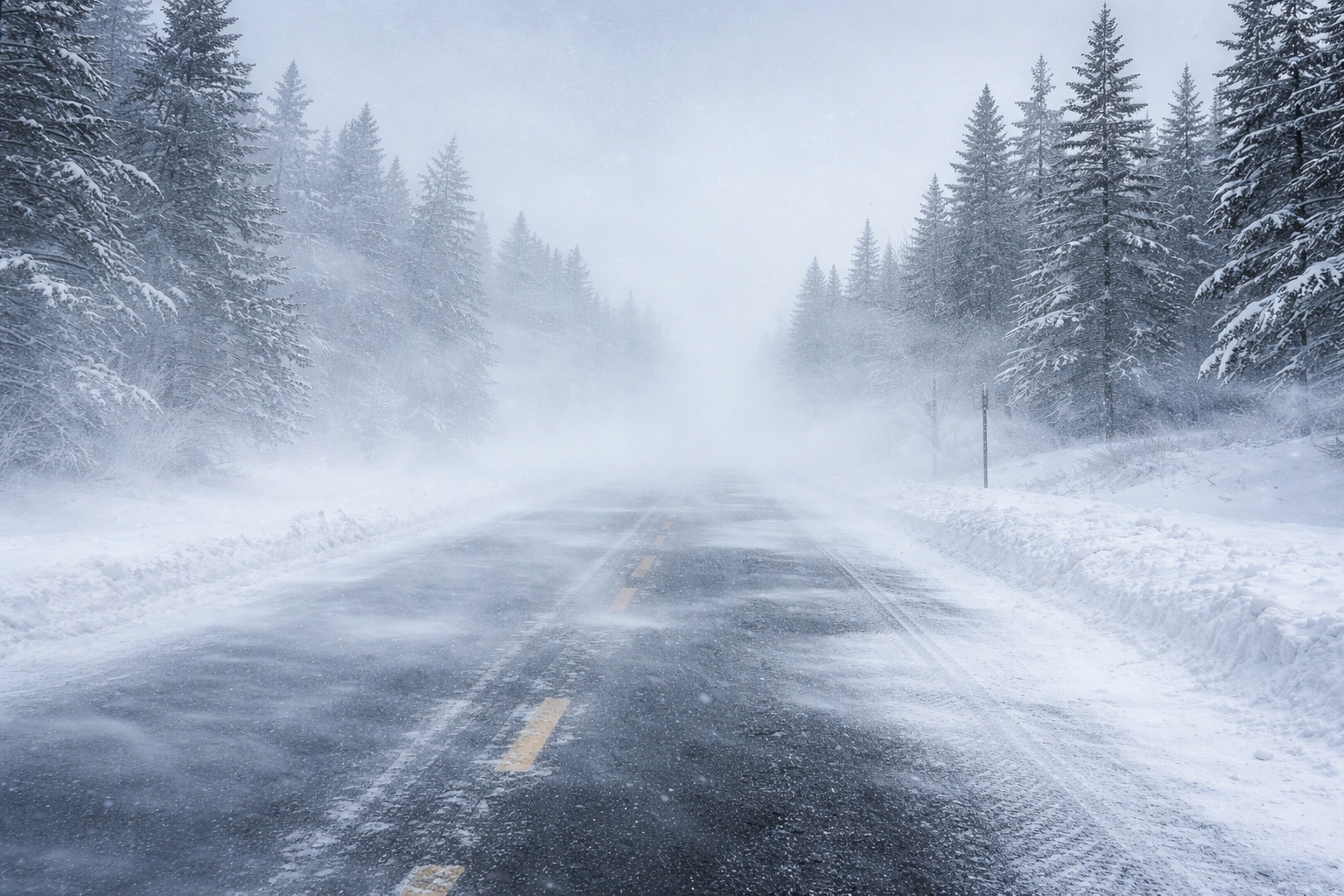 blizzard in Michigan with blowing snow, strong winds, and whiteout winter storm conditions