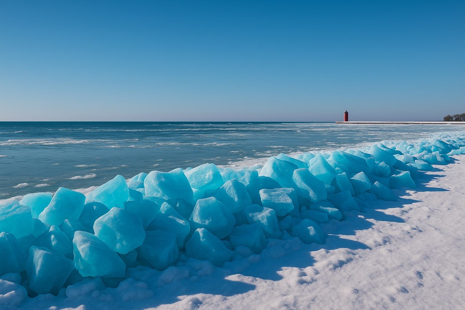 Blue ice blocks along Lake Michigan shoreline in South Haven with vibrant turquoise color, clear sky, and frozen lake in winter landscape view