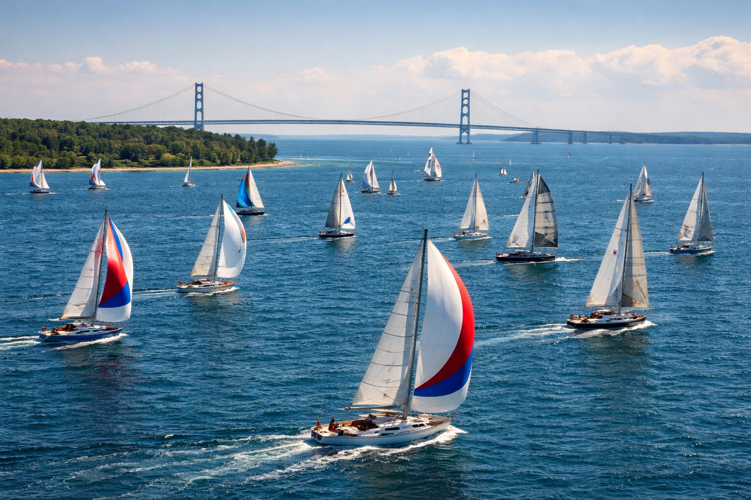Fleet of sailboats racing through the Straits of Mackinac near Mackinac Island during a Great Lakes sailing race with Mackinac Bridge visible from The Inn at Stonecliffe.