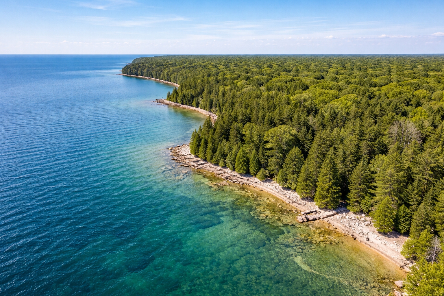 Bois Blanc Island Michigan shoreline showing undeveloped Lake Huron coastline near Mackinac Island, illustrating the remote nature of lodging and limited hotel accommodations on Bois Blanc Island