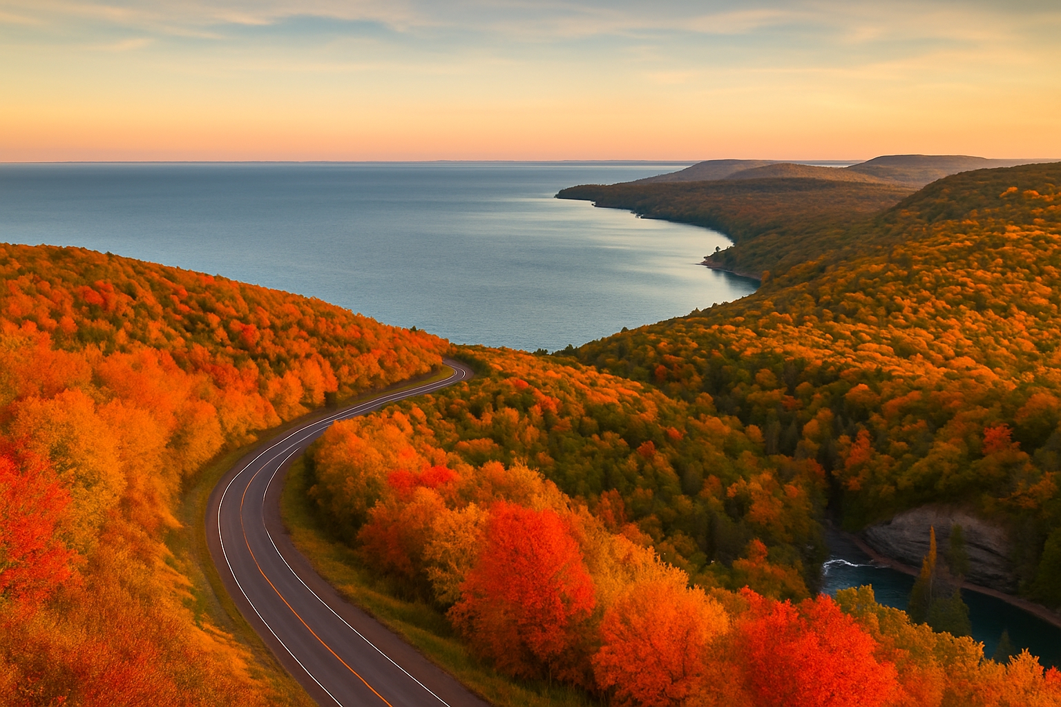 Panoramic view of Brockway Mountain Drive in Michigan's Upper Peninsula during peak fall foliage season with Lake Superior and colorful autumn trees