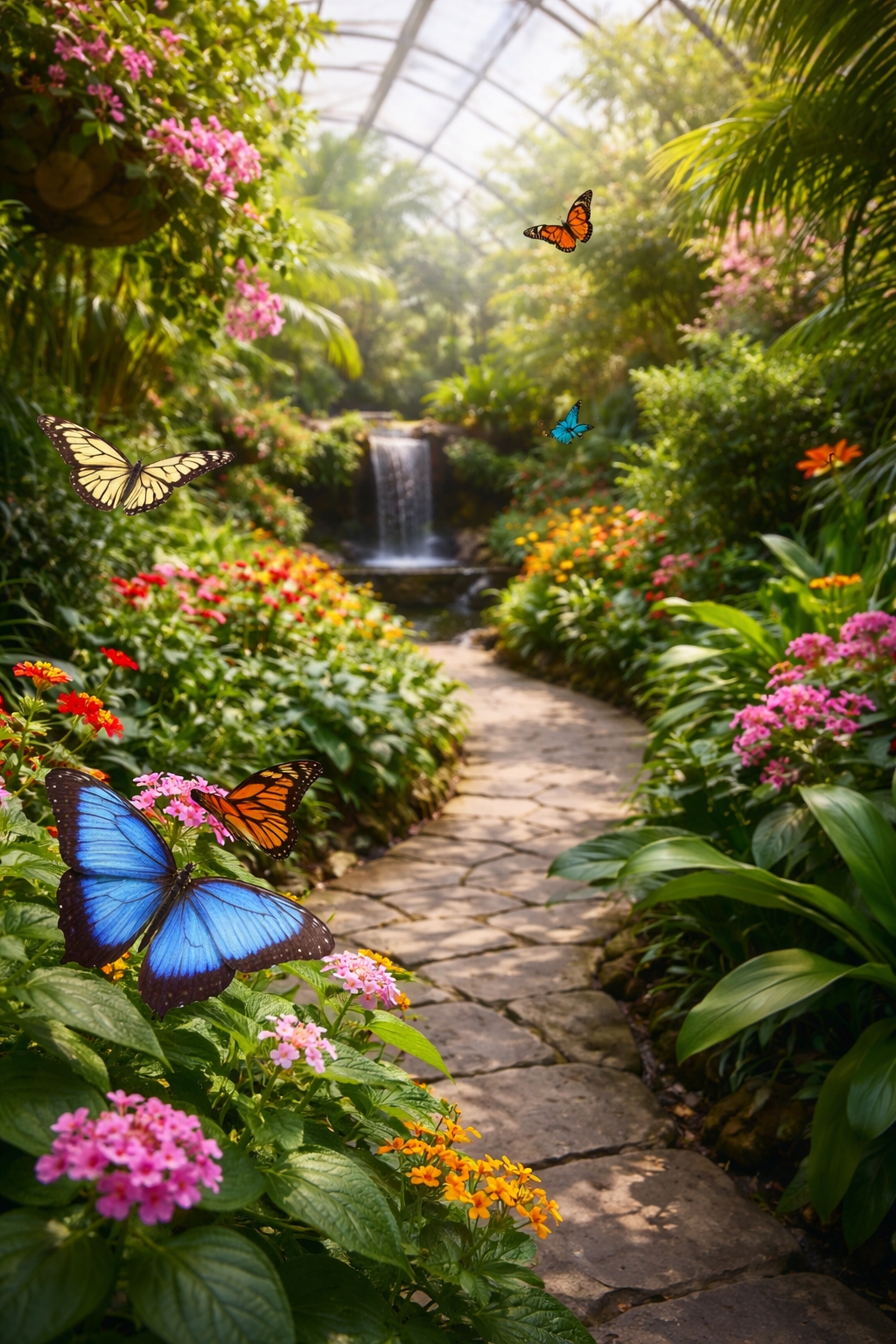 Indoor butterfly conservatory at the Butterfly House on Mackinac Island with colorful butterflies flying among tropical plants