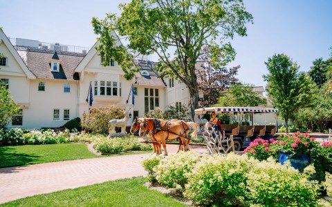 a horse pulling a cart in front of a house