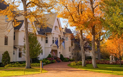 a house with trees and a path