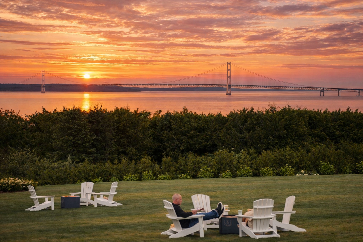 Panoramic summer view from The Inn at Stonecliffe overlooking the Straits of Mackinac and Mackinac Bridge during a calm evening on Mackinac Island