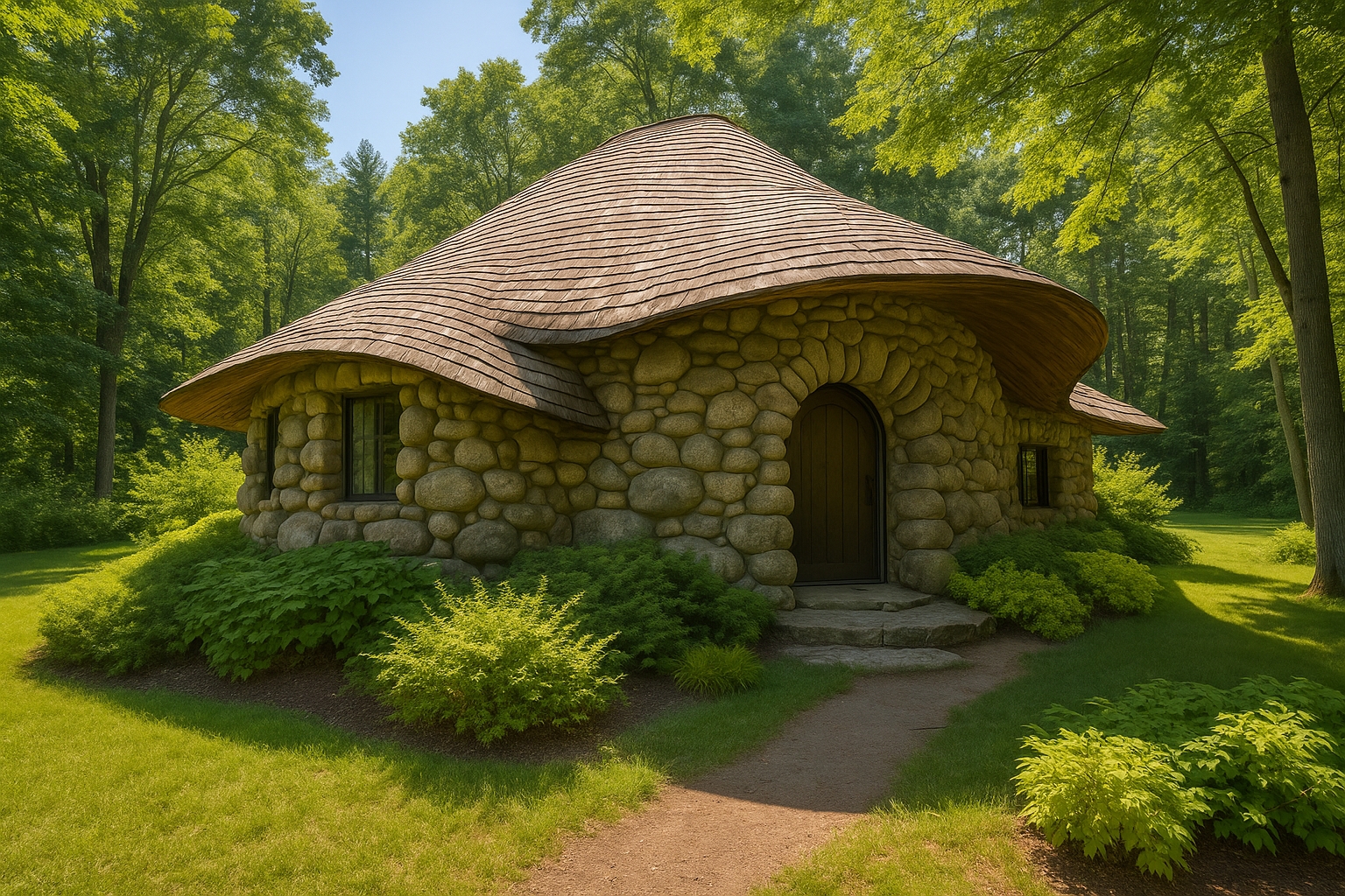 Charlevoix Mushroom House built by Earl Young with Lake Michigan boulders, curved cedar shake roof, hobbit style stone architecture, fairy tale cottage in Northern Michigan, self guided tour landmark near Lake Michigan, iconic Earl Young home for Charlevo