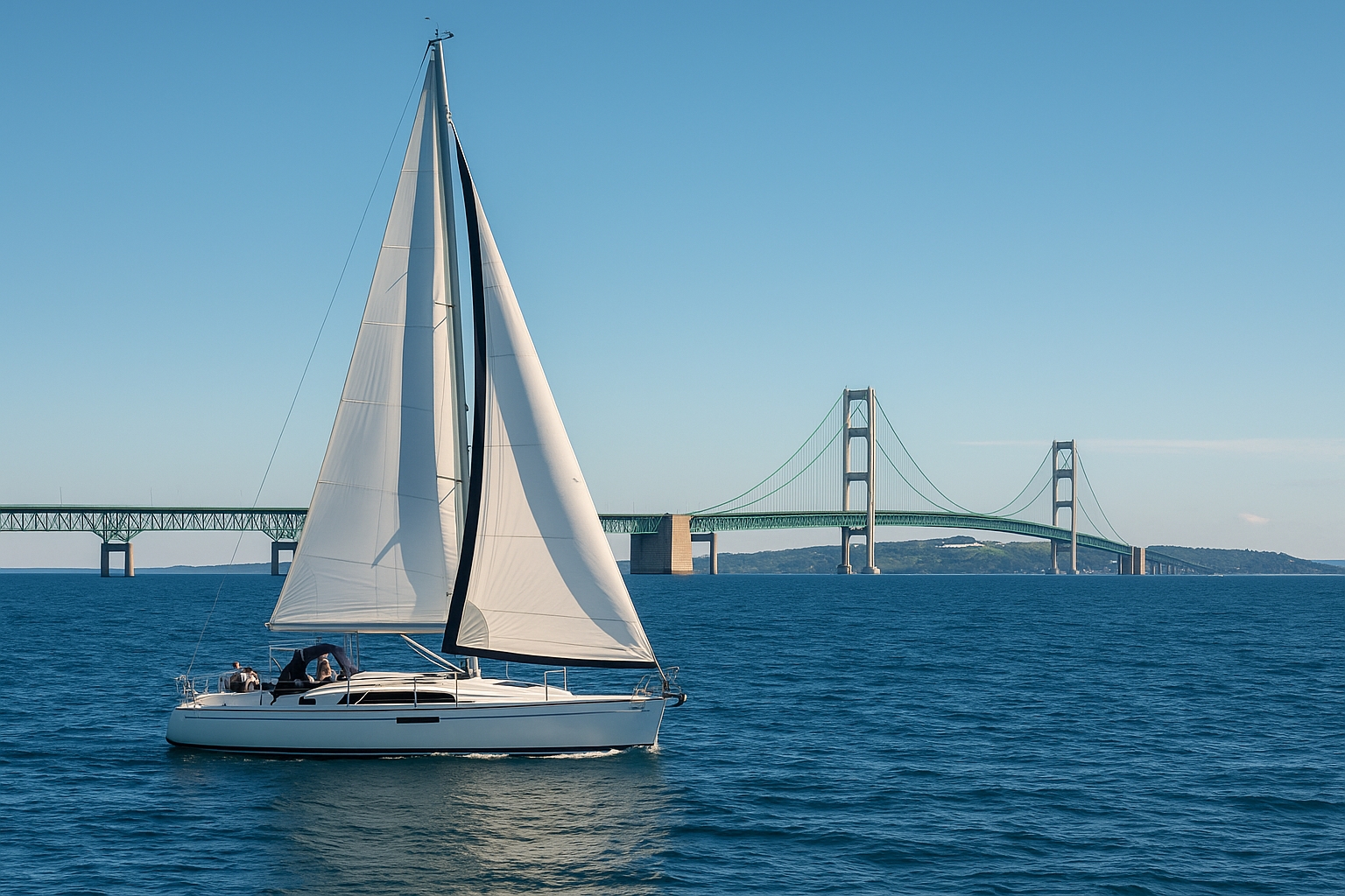 sailboat on Lake Michigan sailing from Chicago to Mackinac Island with Mackinac Bridge in background Great Lakes boating route nautical miles distance