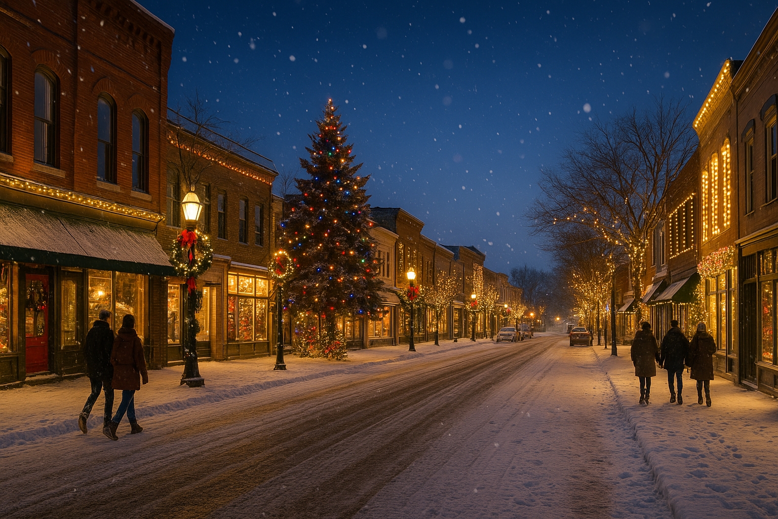Downtown Charlevoix Christmas lights 2025 with snow-covered streets, glowing holiday light displays, festive small-town Michigan charm, and winter travel vibes
