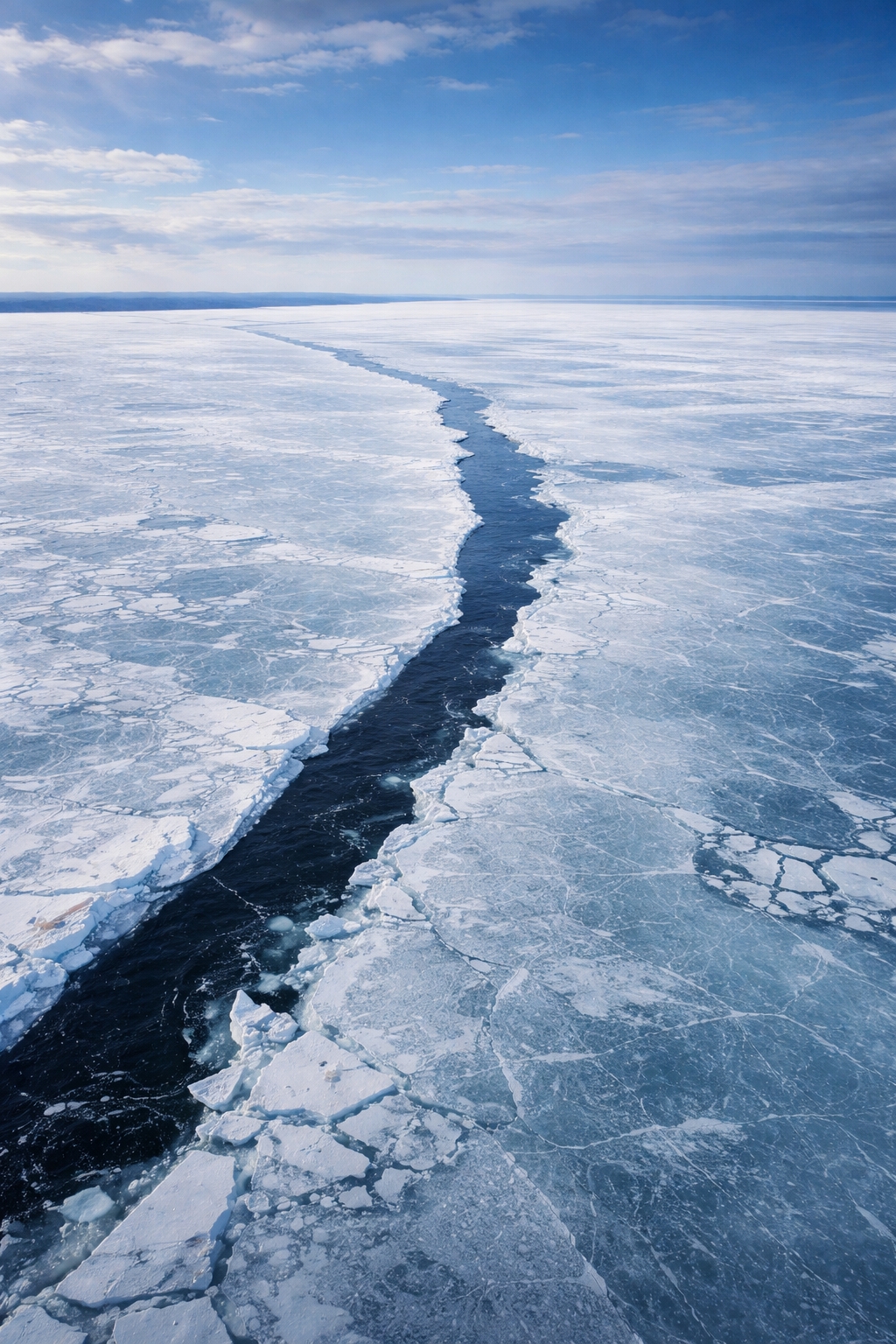 Aerial view of a massive crack in Lake Erie’s ice during winter, showing frozen Great Lakes ice conditions and natural ice fracture patterns.