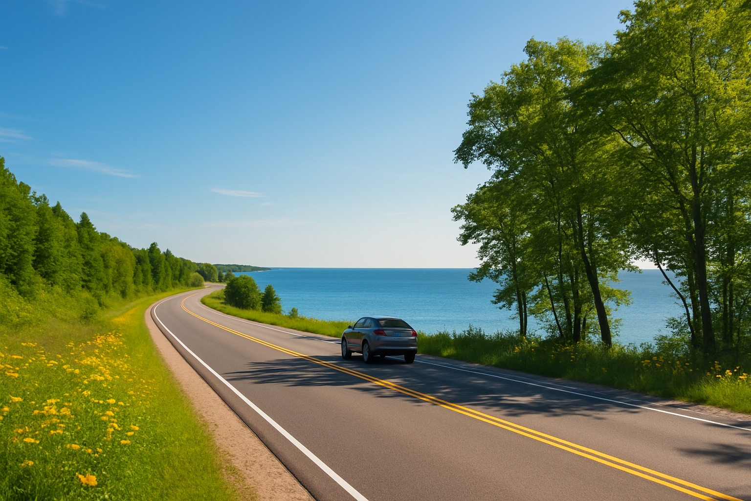 Scenic summer road trip from Detroit to Mackinac Island along Michigan’s Lake Huron coast with winding highway, blue skies, and tree-lined shoreline views.