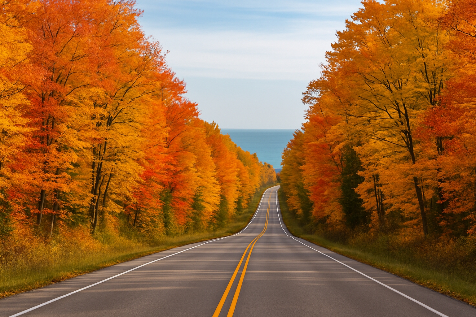 Scenic fall road trip from Detroit to Mackinac Island with colorful autumn foliage, ideal for travelers heading to The Inn at Stonecliffe via Northern Michigan.