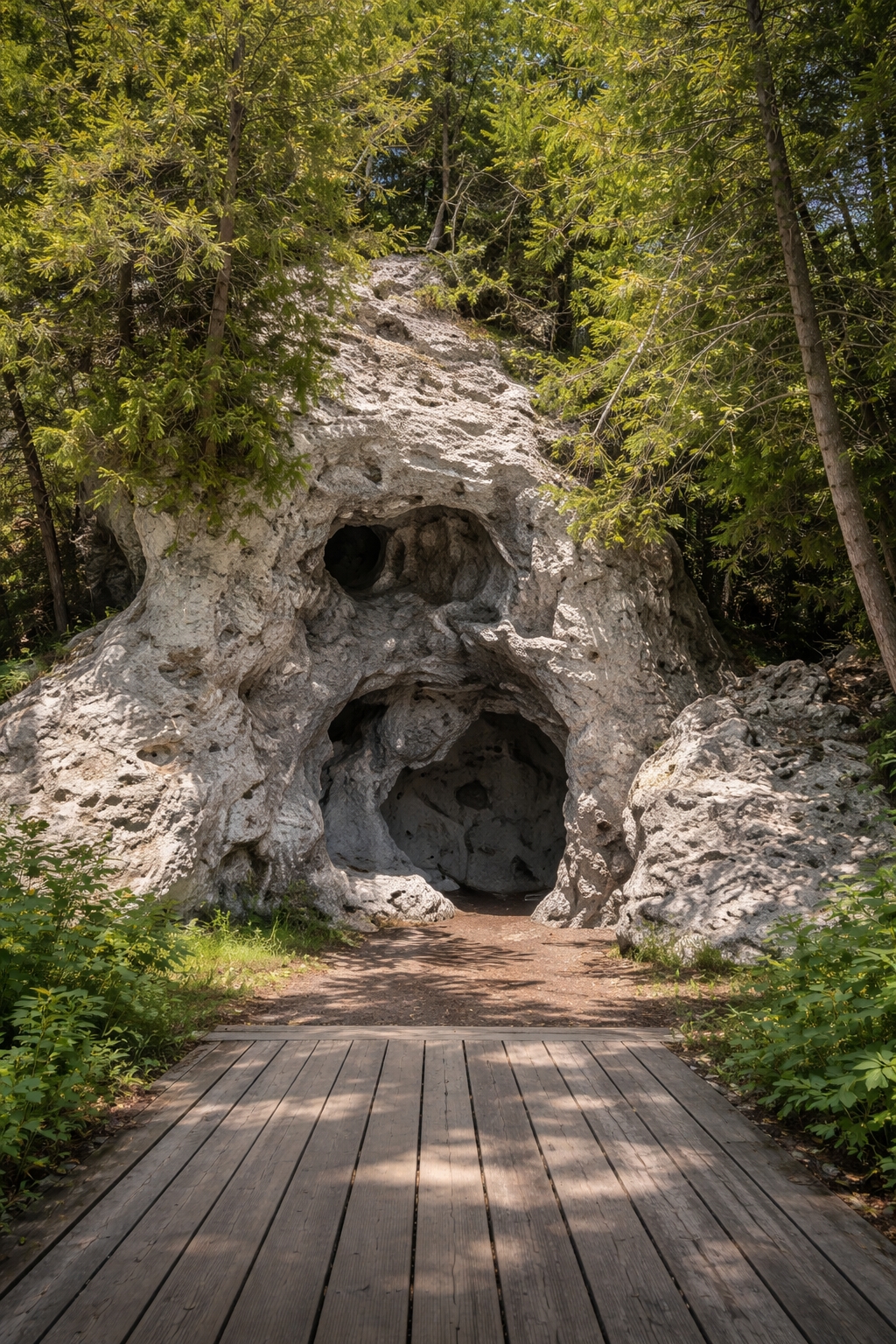 Devil’s Kitchen limestone formation on Mackinac Island surrounded by forest along the eastern bluff trail