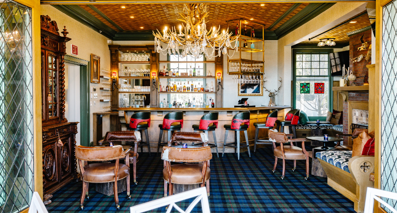 a room with a bar and chairs