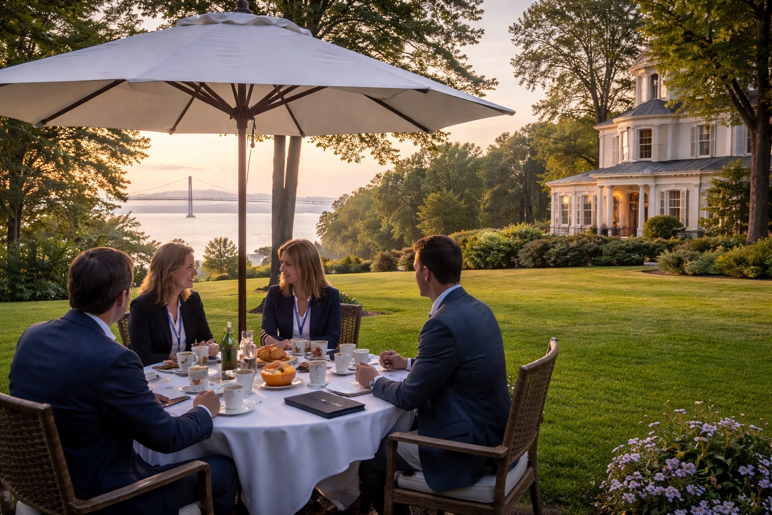 Private outdoor executive breakfast at The Inn at Stonecliffe during Mackinac Policy Conference 2026, with Lake Huron and Mackinac Bridge in view.